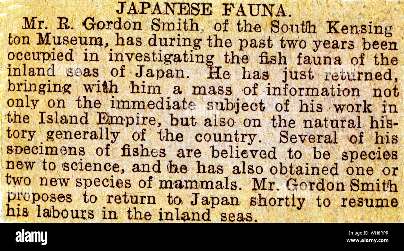 Zeitungsartikel Aufzeichnung Richard Gordon-Smith Erkenntnisse, während in Japan. 1905 Stockfoto
