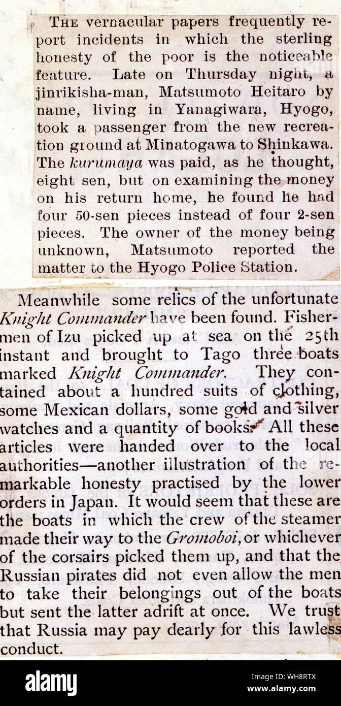 Zeitungsartikel aus Japan empfohlene in Richard Gordon-Smith's Tagebuch. 1904. Stockfoto