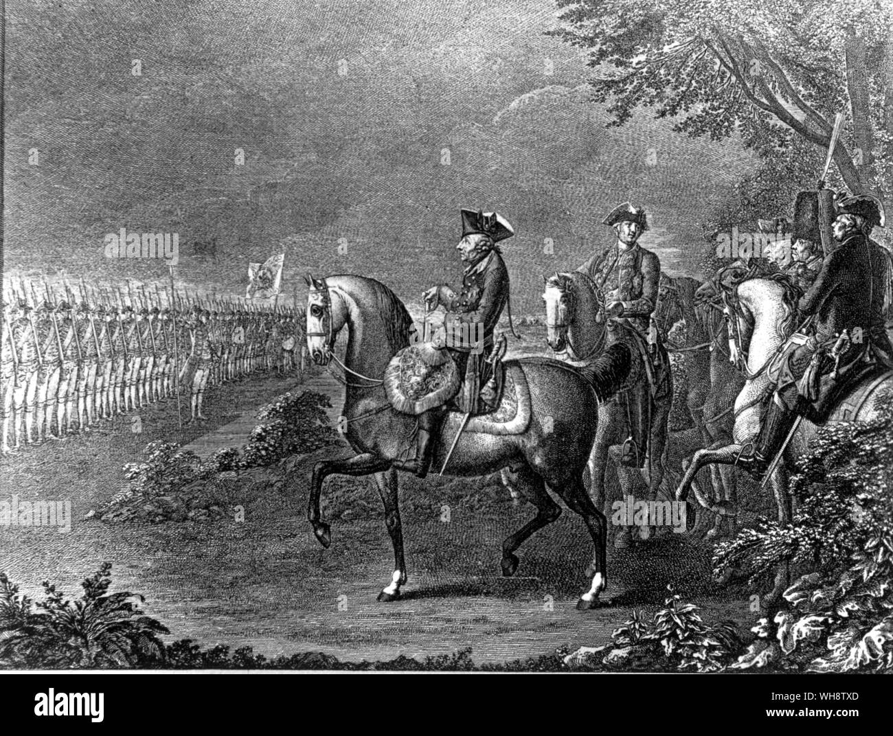 Friedrich der Überprüfung seiner Truppen. kupferstich von Daniel Chodowiecki Stockfoto