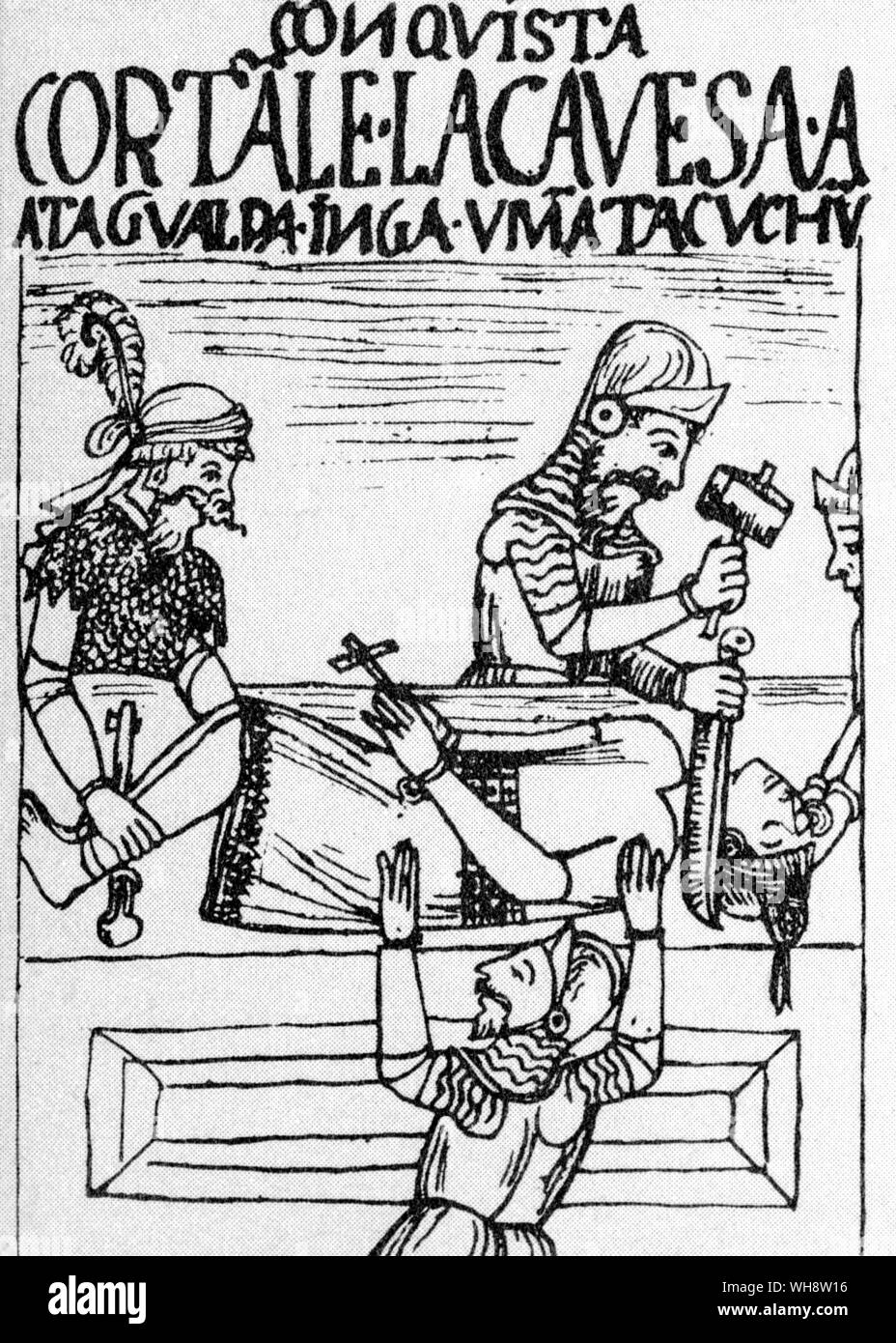 Die Ermordung von Atahualpa. Peruanische Codes "Nueva Coronica y Buen Regierung', von Felipe Huriman Poma de Ayala, im Jahr 1613 fertig übersetzt (Original in der Königlichen Bibliothek, Kopenhagen) Stockfoto