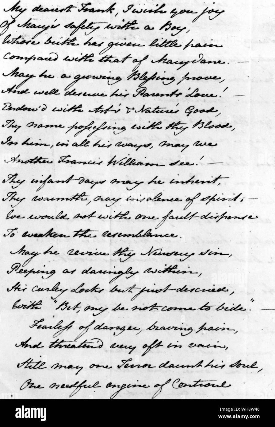 Ein Gedicht von Jane Austen zu ihrem Bruder Frank geschrieben auf die Geburt seines Sohnes Stockfoto