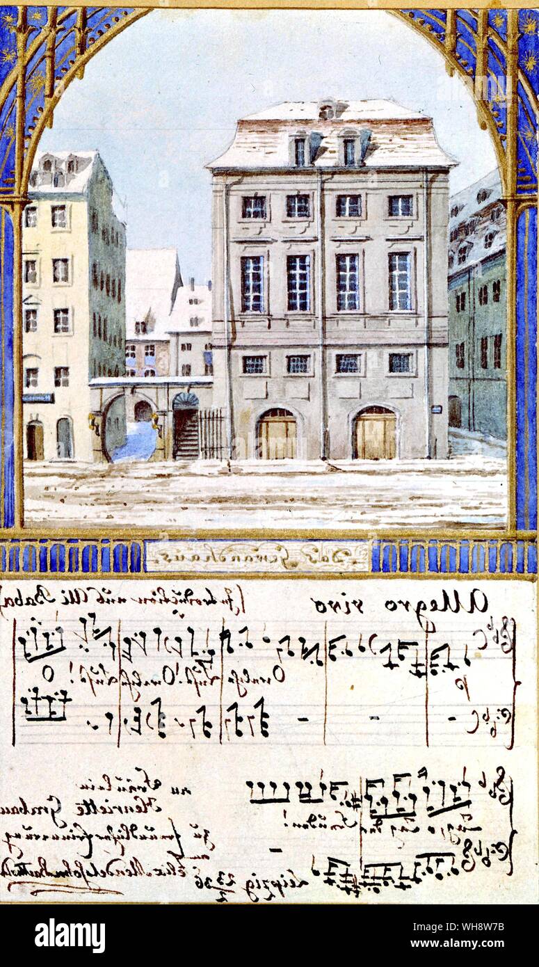 Das Leipziger Gewandhaus, Aquarell von Felix Mendelssohn, 23. Februar 1836, wo Mendelssohn sein erstes Konzert durchgeführt. Stockfoto