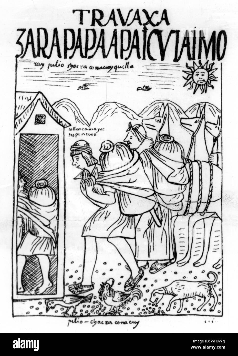 Die Landwirtschaft wurde nach dem ayllu, die sich in staatlichem Eigentum.. Peruanische Codex "Nueva Coronica y Buen Regierung', von Felipe Huaman, Poma de Ayala, im Jahr 1613 fertig erstellt Stockfoto