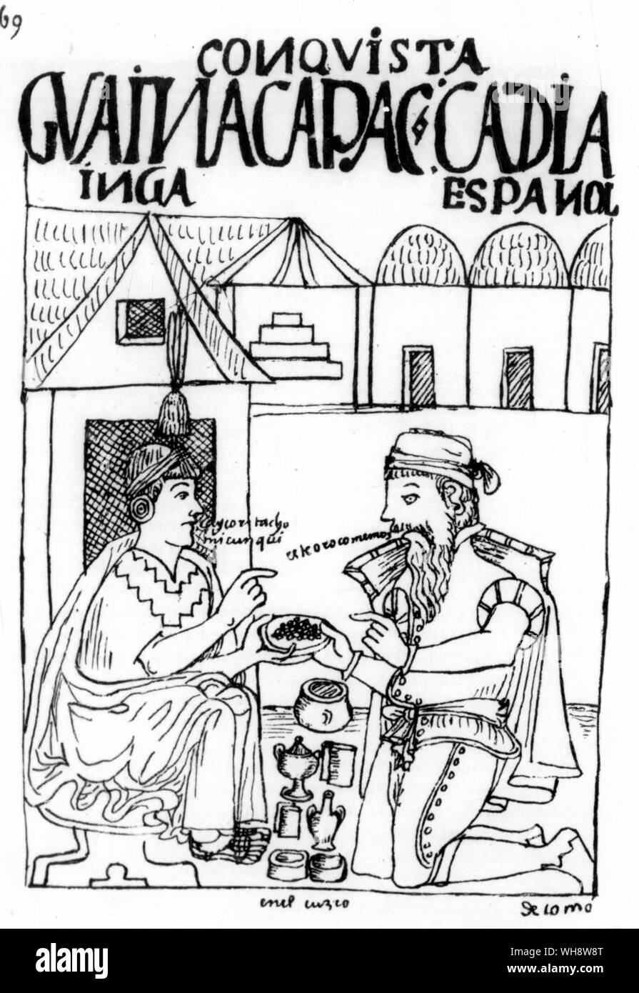 Die Spanier waren nun zu plündern verboten und bestellt sich friedlich mit den Indern zu handeln.. Peruanische Codex "Nueva Coronica y Buen Regierung', von Felipe Huaman, Poma de Ayala, im Jahr 1613 fertig erstellt Stockfoto