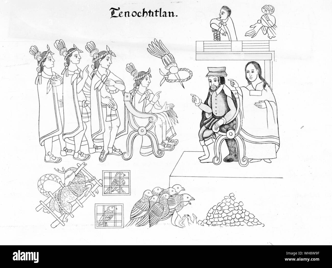 Die Sitzung des Moctezuma und Cortes, in einem Mexikanischen Codex vertreten, Lienza de Tlaxcala. Mexikanische illustrierte Dokument zwischen 1550 und 1564 durch Tlaxcalan Künstler, die für die Eroberung von der Tlaxcalan Sicht zusammengestellt. Stockfoto