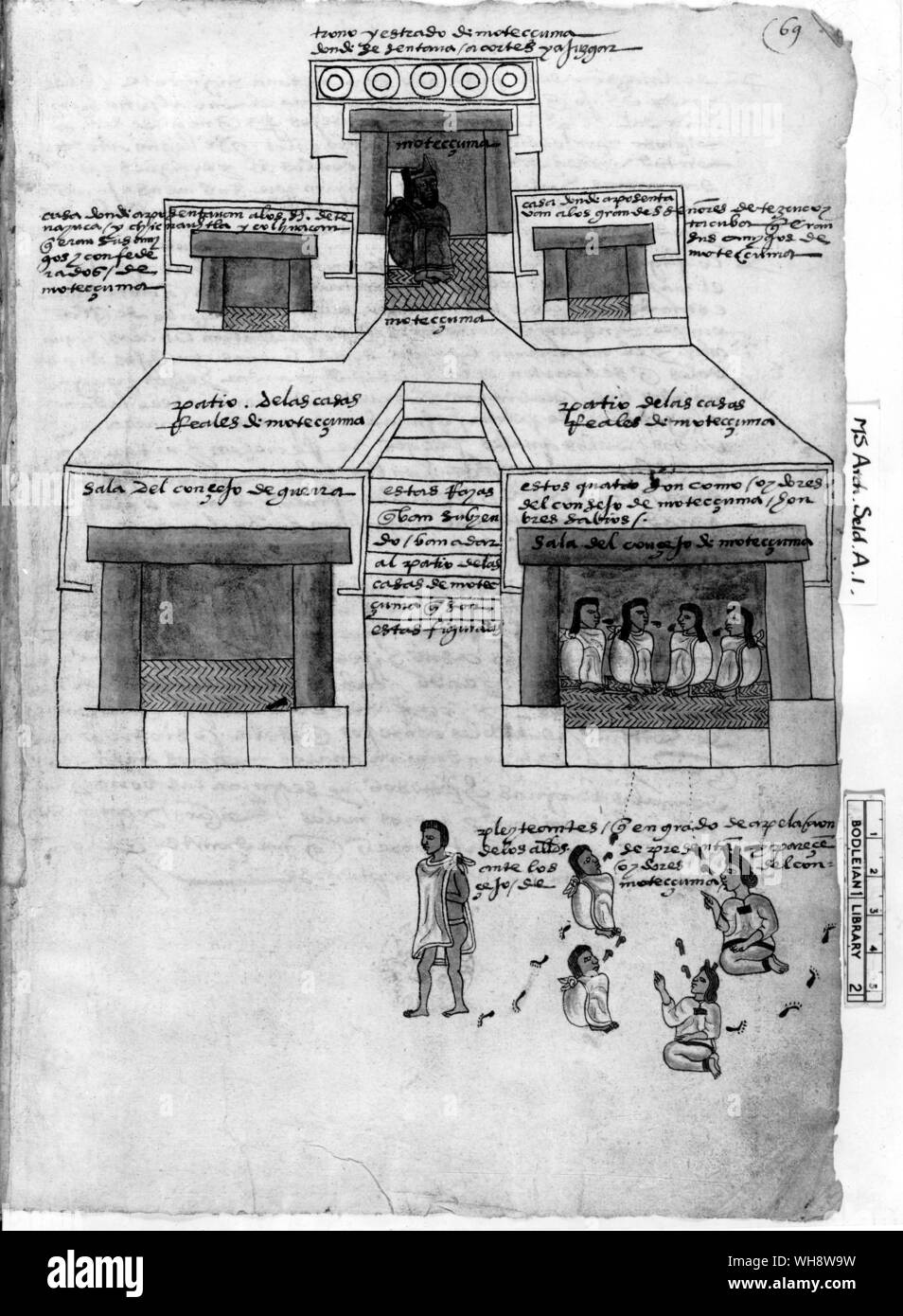 Moctezuma's Palast diente auch als ein Gericht, hier in der Sitzung gesehen. Codex Stockfoto