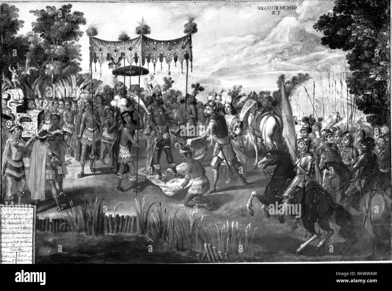 Die Konferenz von Montezuma und Cortes, als in einem spanischen Malerei vertreten Stockfoto