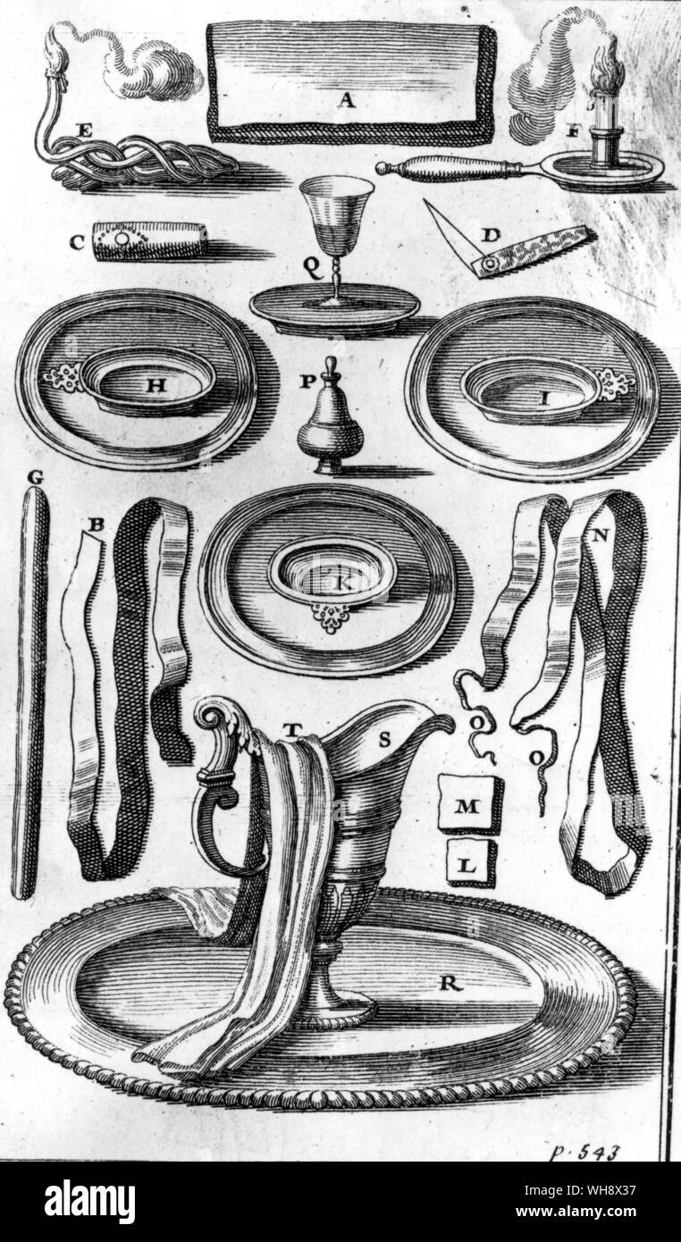 Nähte zum Nähen von Wunden und Instrumente und Schiffe, die für die Entlüftung von Cours d'Operationen de Chirurgie, Paris, 1714 Stockfoto