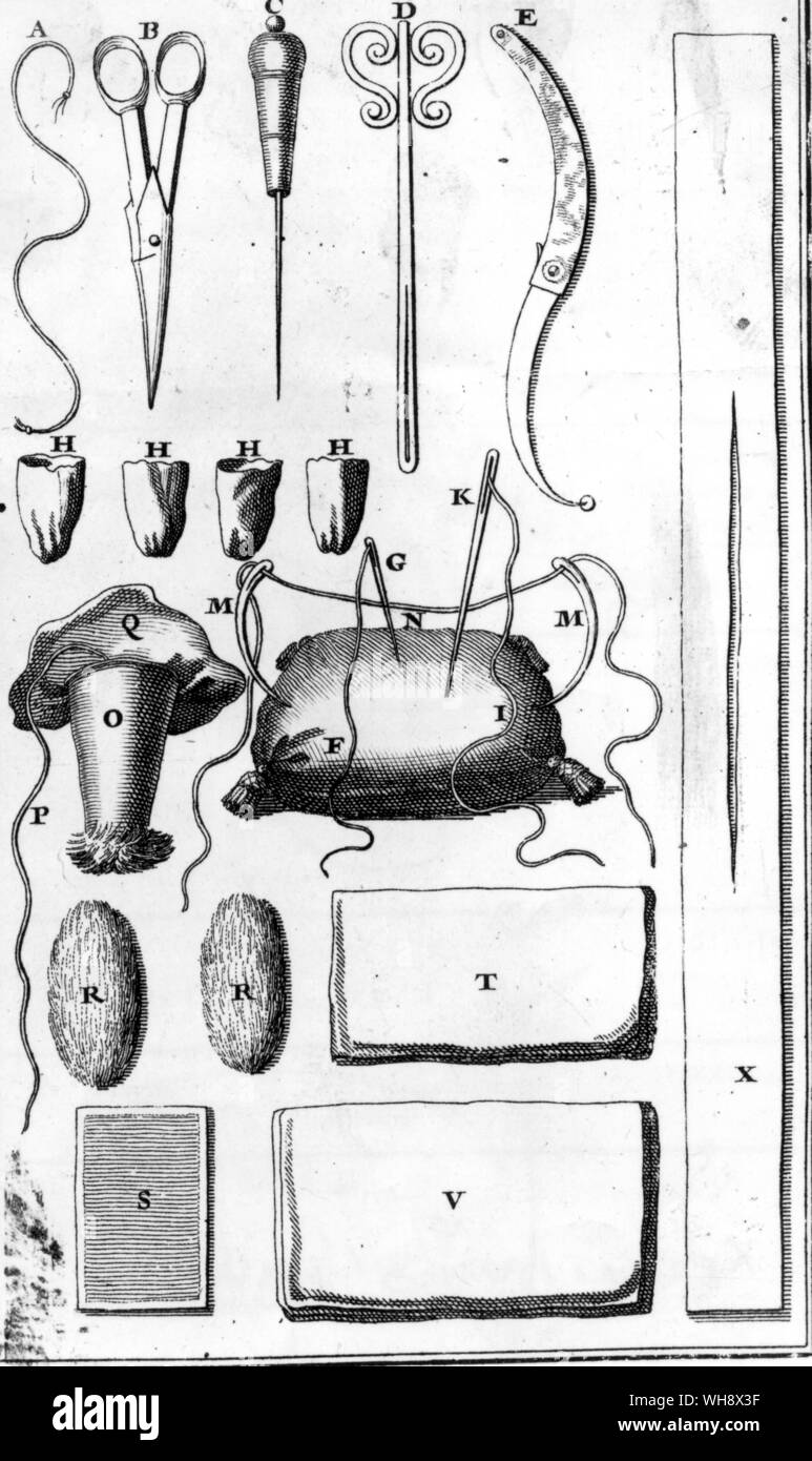 Nähte zum Nähen von Wunden und Instrumente und Schiffe, die für die Entlüftung von Cours d'Operationen de Chirurgie, Paris, 1714 Stockfoto
