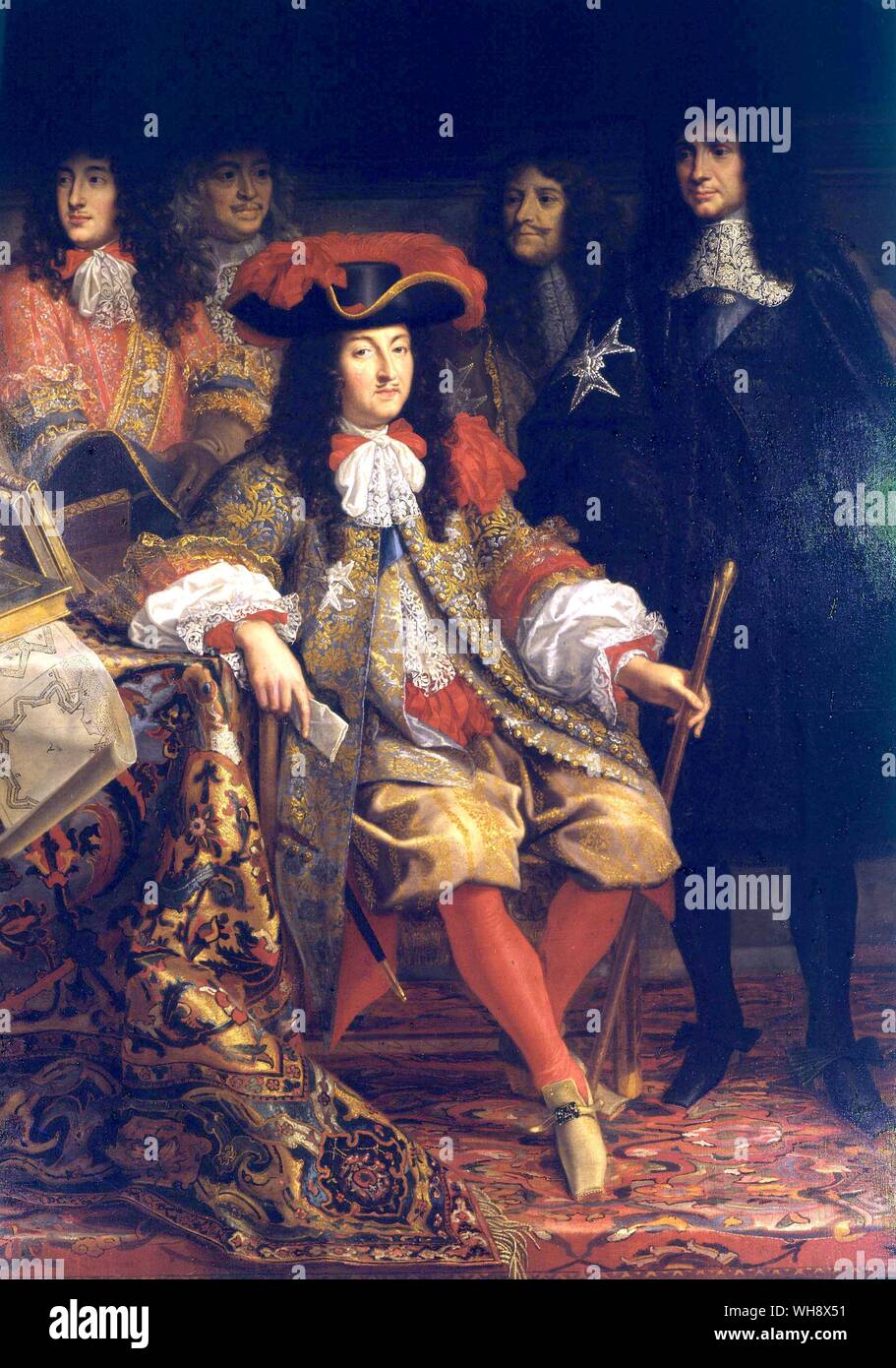 Ludwig XIV. Bei der Gründung der Akademie der Wissenschaften und der Gründung der Sternwarte, 1667. Nach einem Gemälde von Henri Commerce. Stockfoto