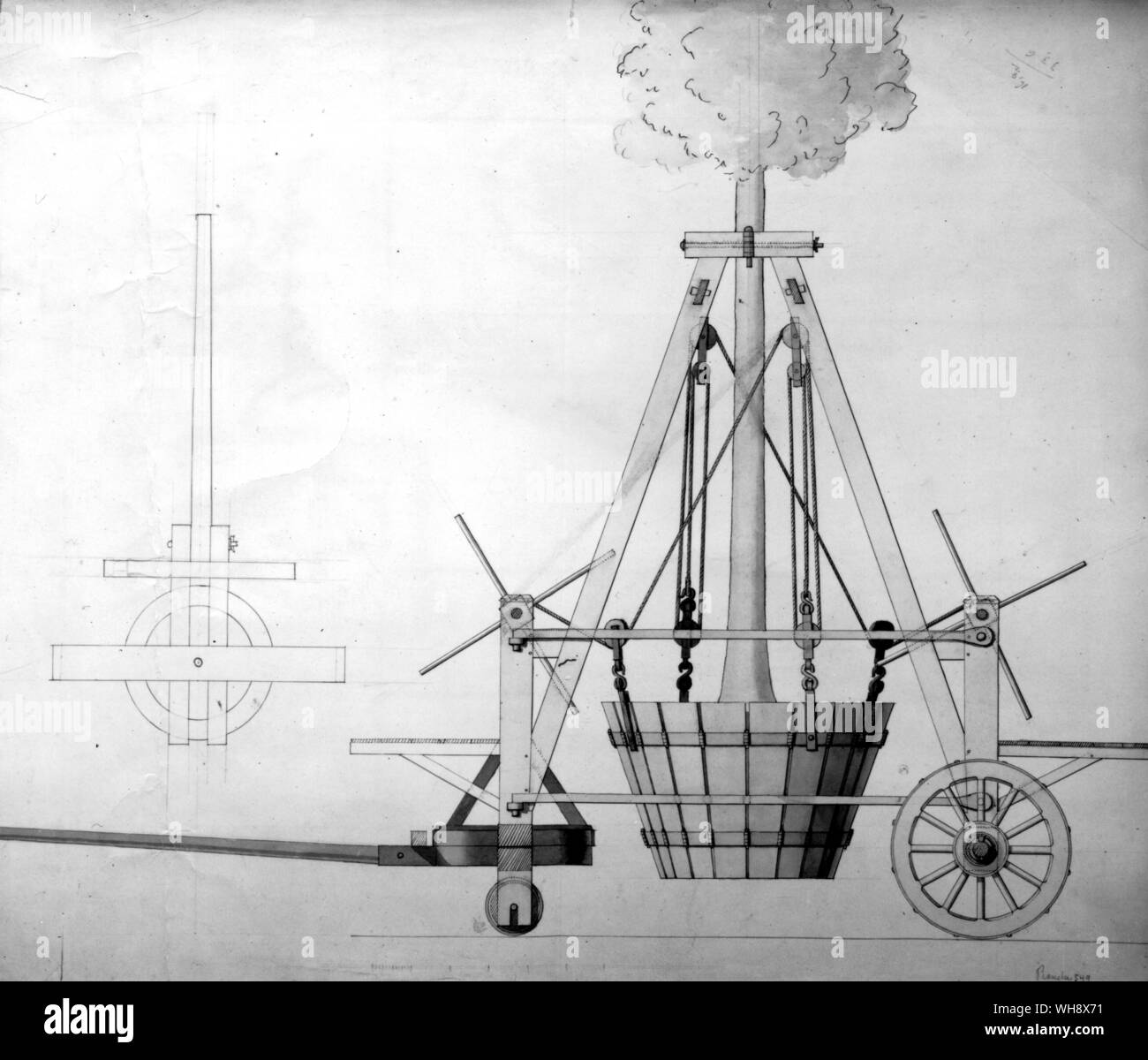 Zeichnung einer Maschine, die für den Transport der Orangenbäume in den Wannen von Nicodemus Tessin Stockfoto
