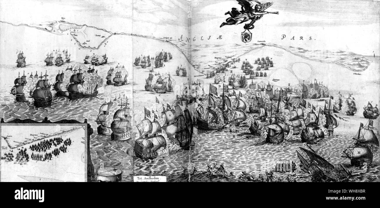 Niederländisch und Spanisch Meer Schlacht in den Tiefen. England's Maritime Impotenz unter Charles I: Tromp zerstören die Spanische Konvoi Zuflucht in die Downs während die Englische Geschwader hilflos im Hintergrund Uhren Stockfoto