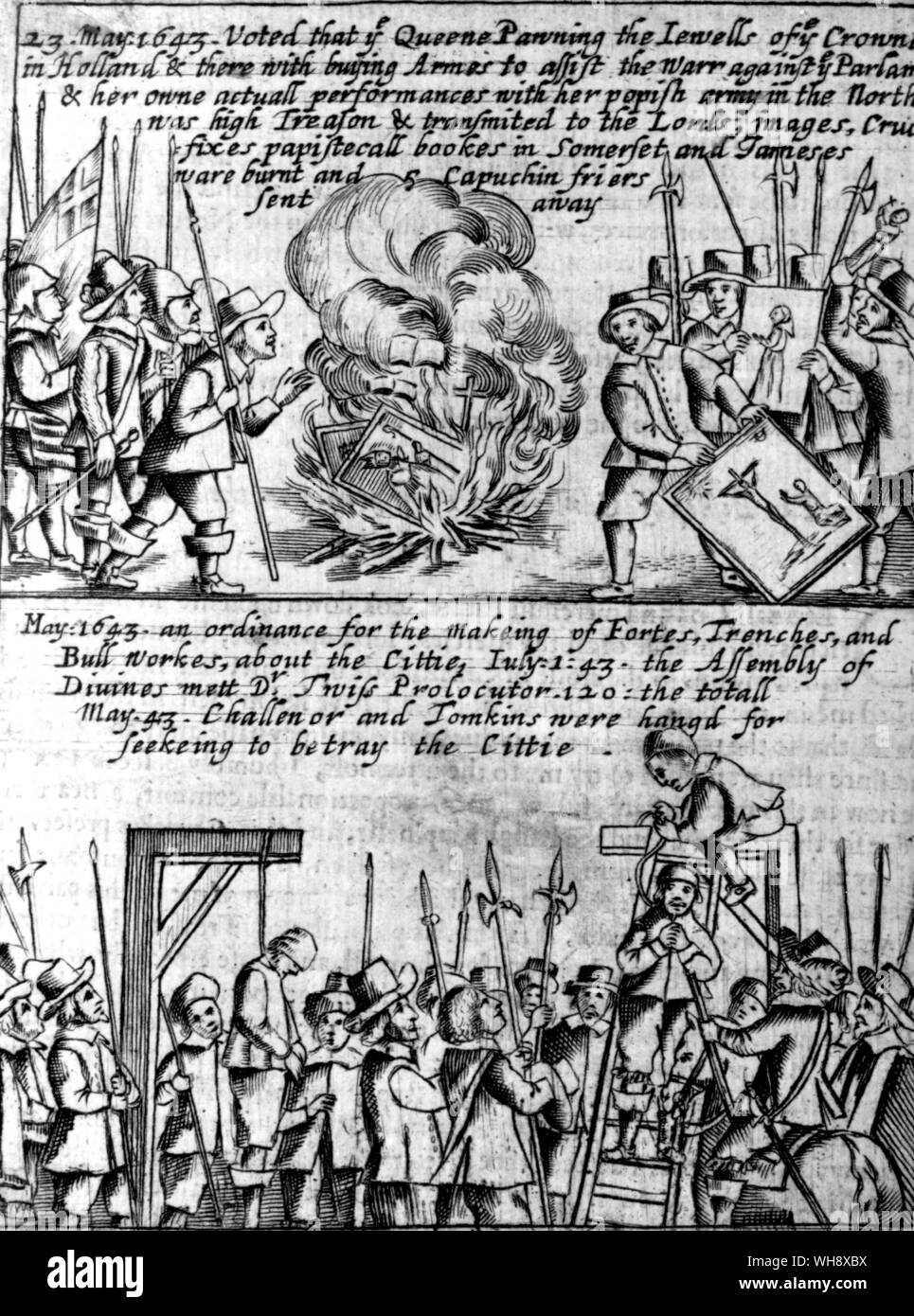 Mai 1643 Verbrennung von popish heiligen Bücher und Bilder und die Hinrichtungen im Anschluß an die Entdeckung des Waller plot. Aufhängen von challenor und Tomkin Stockfoto