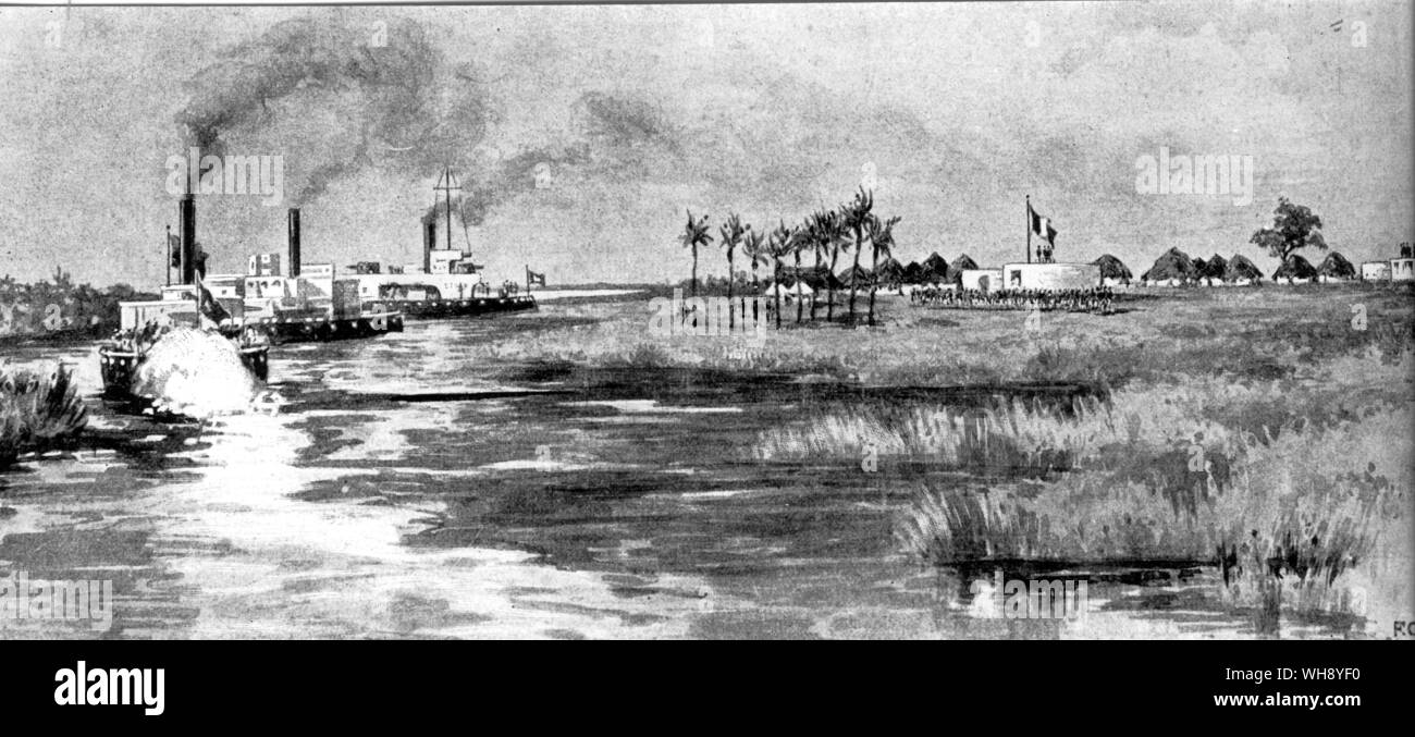 Die Ankunft der Anglo-ägyptische flottille an Fashoda 1899.. Stockfoto