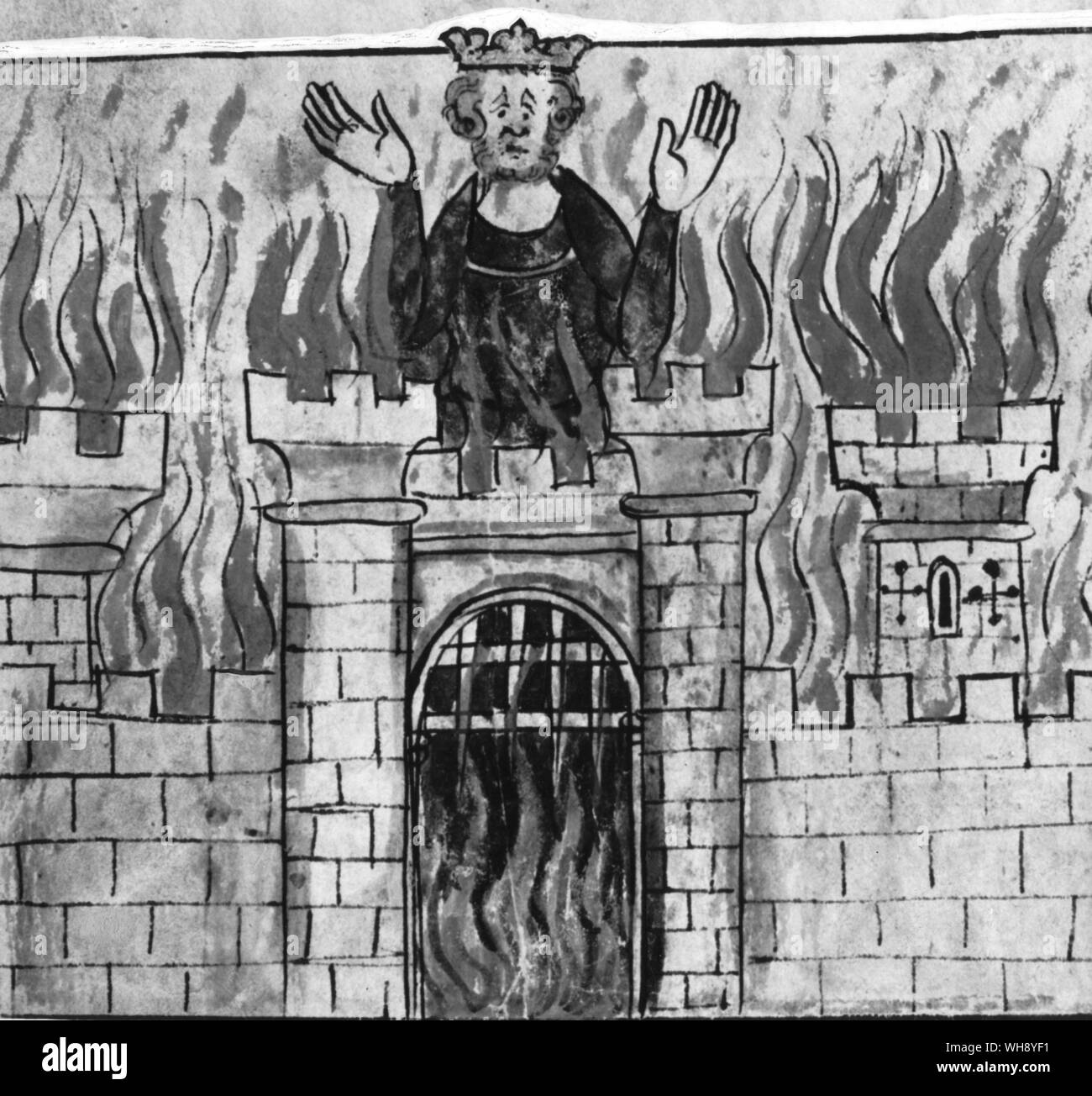 Ein Schloss und seine Insassen die besiegte Vortigern von Ambrosius aus dem vierzehnten Jahrhundert Kopie einer älteren Chronik verbrannt Stockfoto