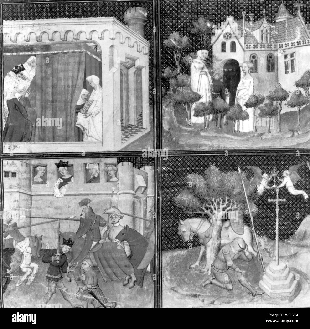 Lancelot, die Geburt, das Leben und die Suche nach dem Heiligen Gral in vier Miniaturen bei der Eröffnung eines fünfzehnten Jahrhundert französische Handschrift dargestellt Stockfoto