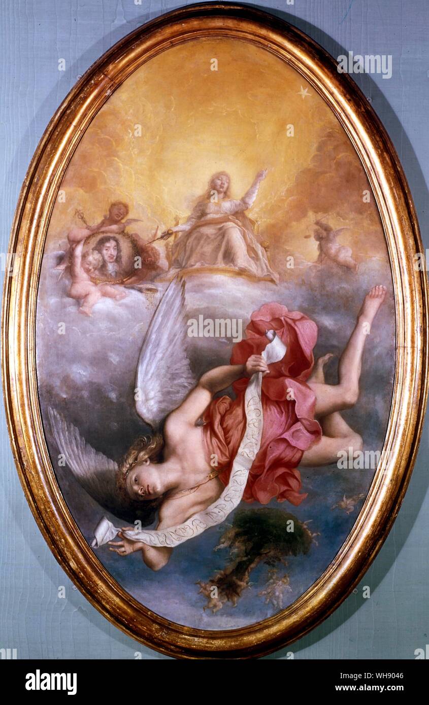 Allegorie der Restaurierung. John Michael Wright das Gemälde für die Decke von Charles II Schlafzimmer im Whitehall 1665 Stockfoto