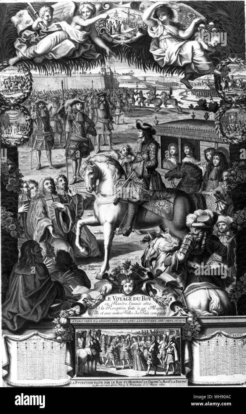 John Churchill's Treffen mit Louis XIV. im Feld würde bei einer Zeremonie ähnlich zu diesem königlichen Besuch der französischen Festungen in Flandern in 1680 wurden - Gravur - Le Voyage du Roy Stockfoto