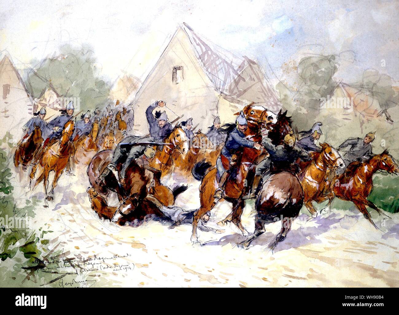 Französische Dragoner in Napoleonischen Helme roten Hosen und blauen Mänteln und mit Farben Angriff auf eine Deutsche Kavallerie Patrouille August 1914 von George Bund Stockfoto