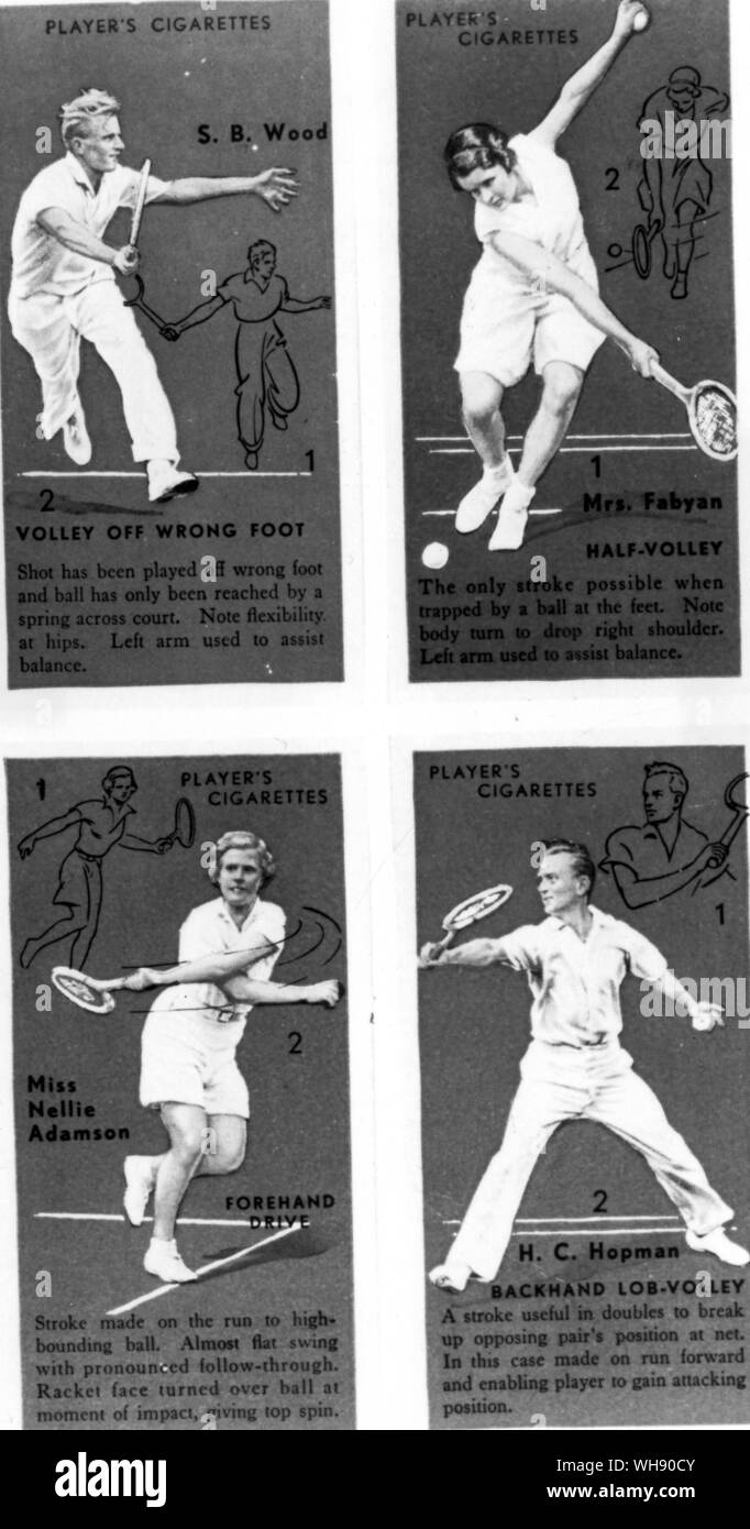 John Player and Sons Ltd. Vier von der Firma 1936 Zigarette Karten, Anzeigen S B Holz, S. Fabyan, N Adamson und H Hopman. Stockfoto