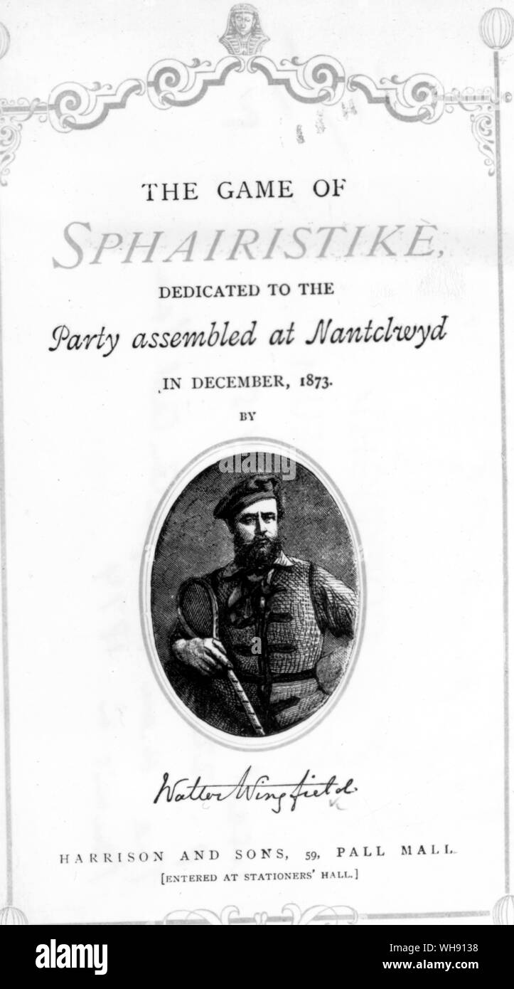 Major Walter Clopton Wingfield auf der Titelseite seines Buches, nahm ein Patent für sein Spiel des Lawn Tennis im Februar 1874. Stockfoto