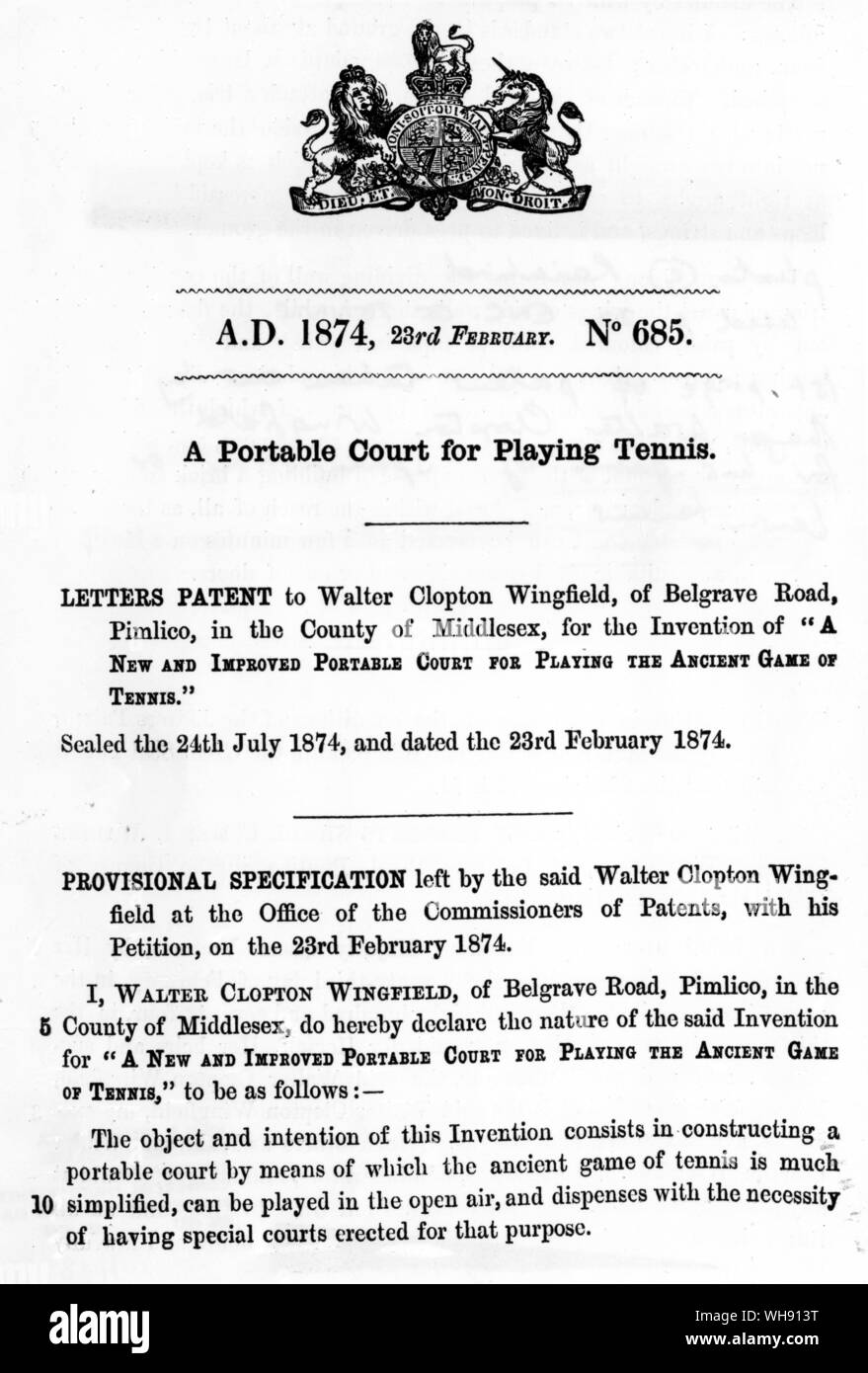 Major Walter Clopton Wingfield nahm dieses Patent für das Spiel des Lawn Tennis im Februar 1874.. Stockfoto