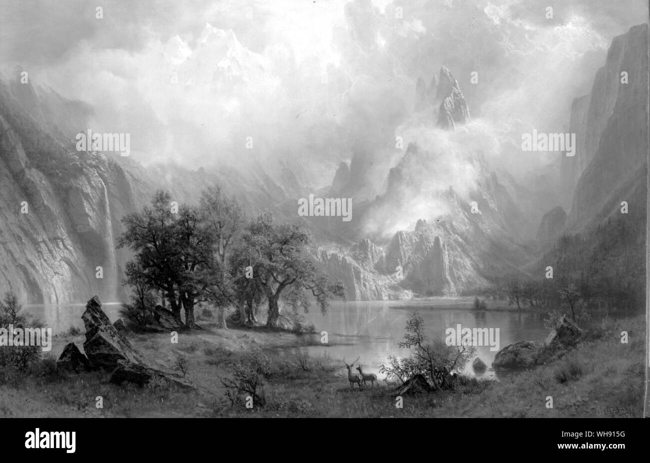 Die unberührten Garten des Westens war so großartig, daß frühe Beschreibungen wurden oft als hohe Geschichten entlassen.. . . Albert Bierstadt: Rocky Mountain Landschaft. Stockfoto