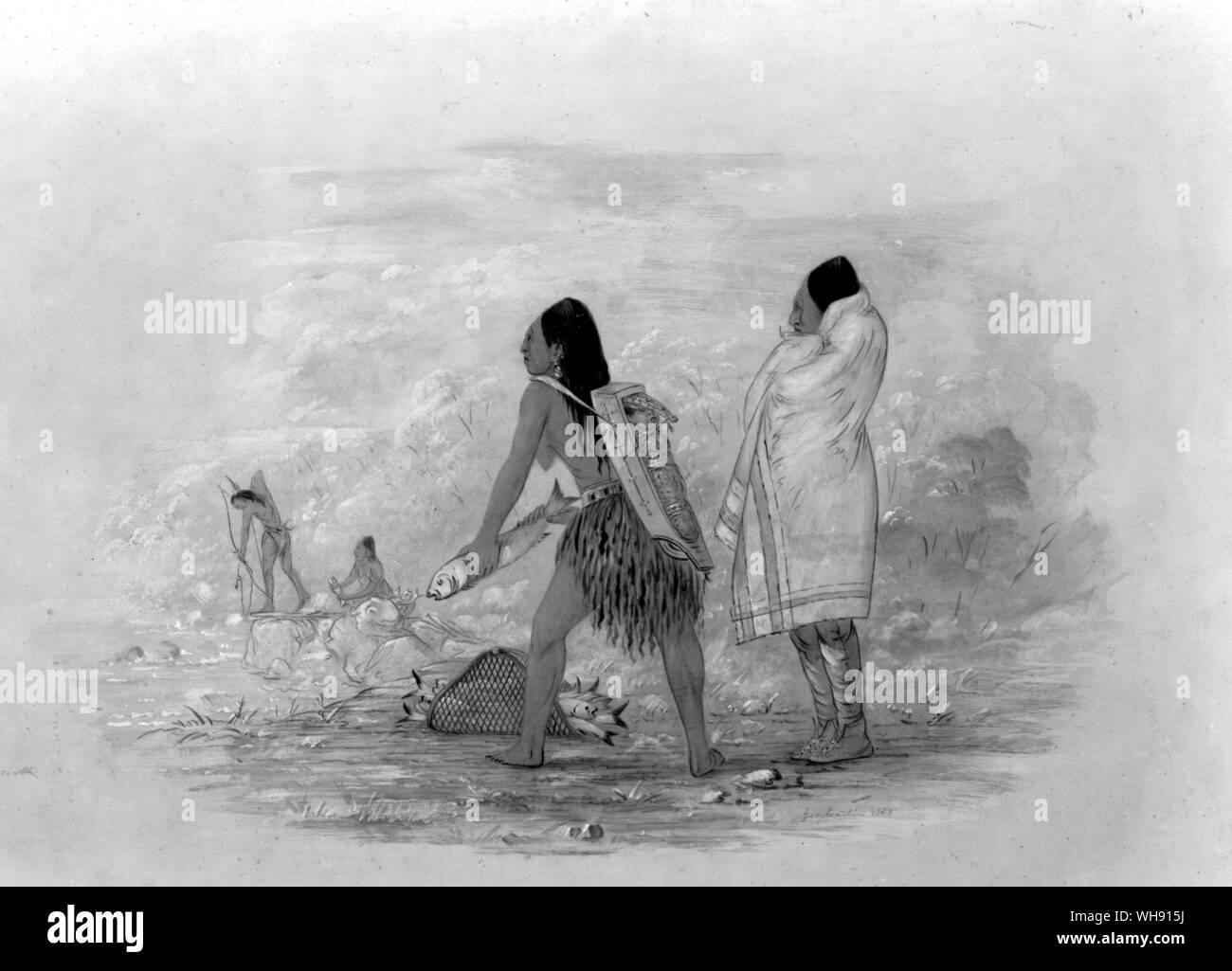 Flathead' Indianer (wahrscheinlich Chinooks Fischerei). Diese Indianer manchmal Köpfe ihre Babys' für eine ähnliche abgeflacht Wirkung gebunden.. Stockfoto