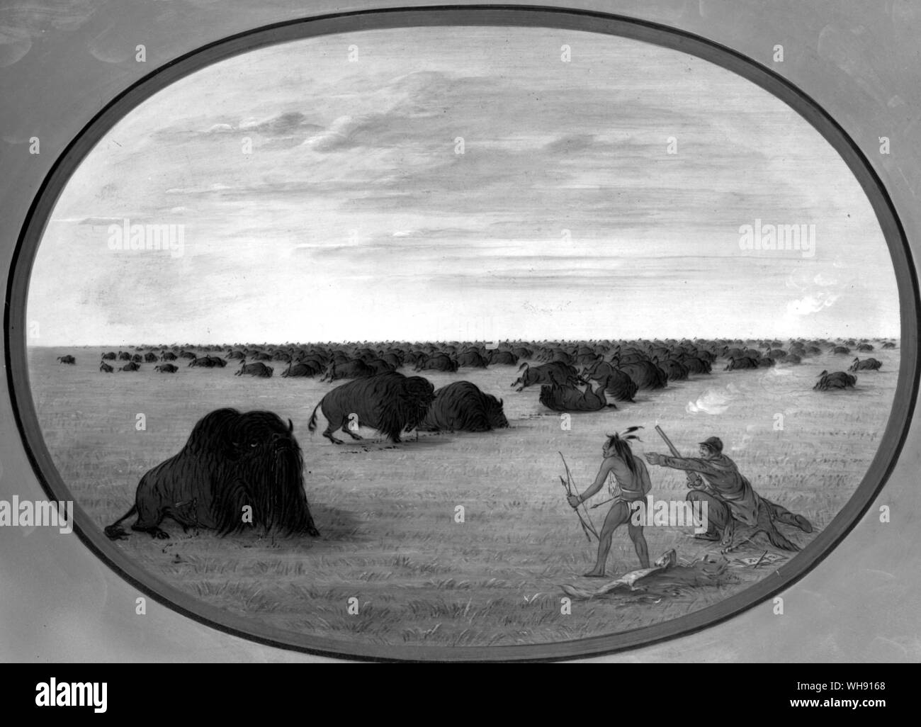 Catlin und einen indischen Begleiter die Herde in wolfskins angepirscht, nicht nur büffeln Point Blank zu schiessen, sondern auch der Ansicht für die Künstler immer anwesenden Skizzenbuch. Stockfoto