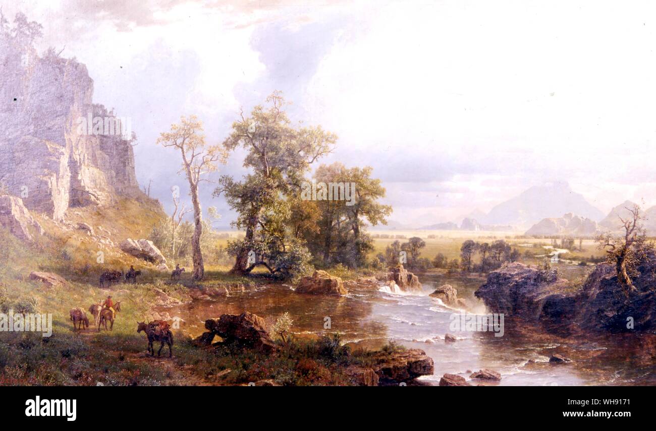 Platte River, Nebraska (Detail). von Albert Bierstadt (1830-1902). Die schlägel hatte den Fluss seiner französischen Namen gegeben, weil sie breit und flach. Parkman bezeichnet es als "ein Blatt aus dünnem Wasser'. Albert Bierstadt (Januar 7, 1830 - Februar 18, 1902) war ein deutsch-amerikanischer Maler am besten bekannt für seine großen, detaillierten Landschaften des amerikanischen Westens. Bei der Beschaffung der Gegenstand dieser Arbeiten, Bierstadt schlossen sich mehrere Reisen der Westerweiterung. Dies ist zwar nicht der erste Künstler, der diese Seiten aufzeichnen, Bierstadt war der wichtigste Maler dieser Szenen für den Rest des 19. Stockfoto