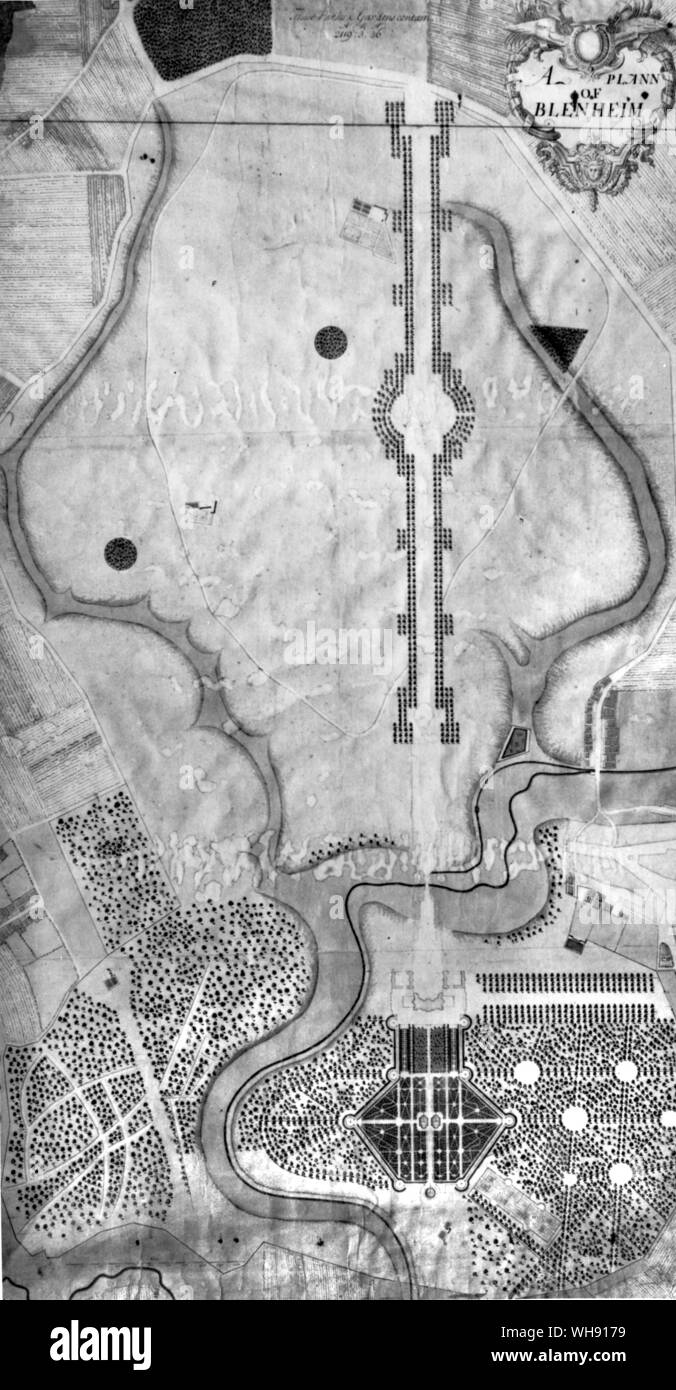 '... Eine große Freude an meiner Rückkehr, wenn ich sehen konnte, die Spaziergänge im Park gepflanzt." einen Plan für das Grundstück und die Gärten von Blenheim Palace, 1709. Stockfoto