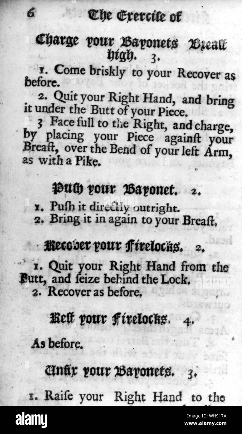 Eine Seite aus der Ausübung von Firelock und Bajonett, eine Bohrmaschine Handbuch der am Tag des Marlborough Stockfoto