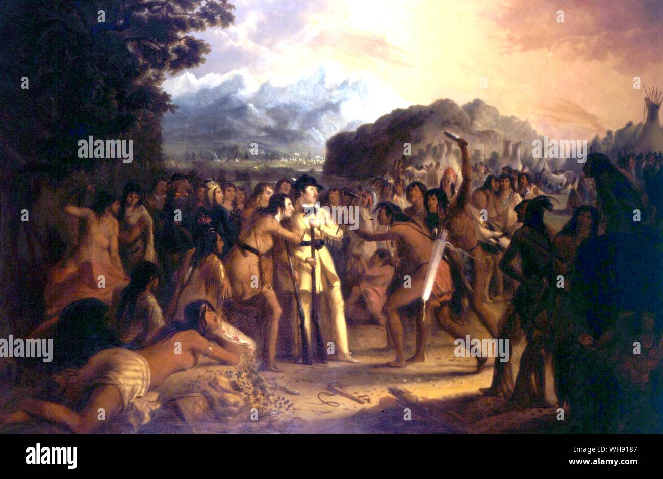Miller, der ir-William Drummond Stewart unter den Indianern' zeigt eine prekäre Vorfall während ihrer Reisen.. Stockfoto