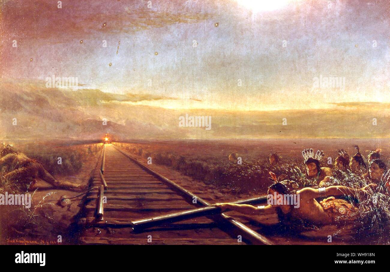 Eisenbahn Zug von Indianern angegriffen durch Theodore Kaufman.. Stockfoto