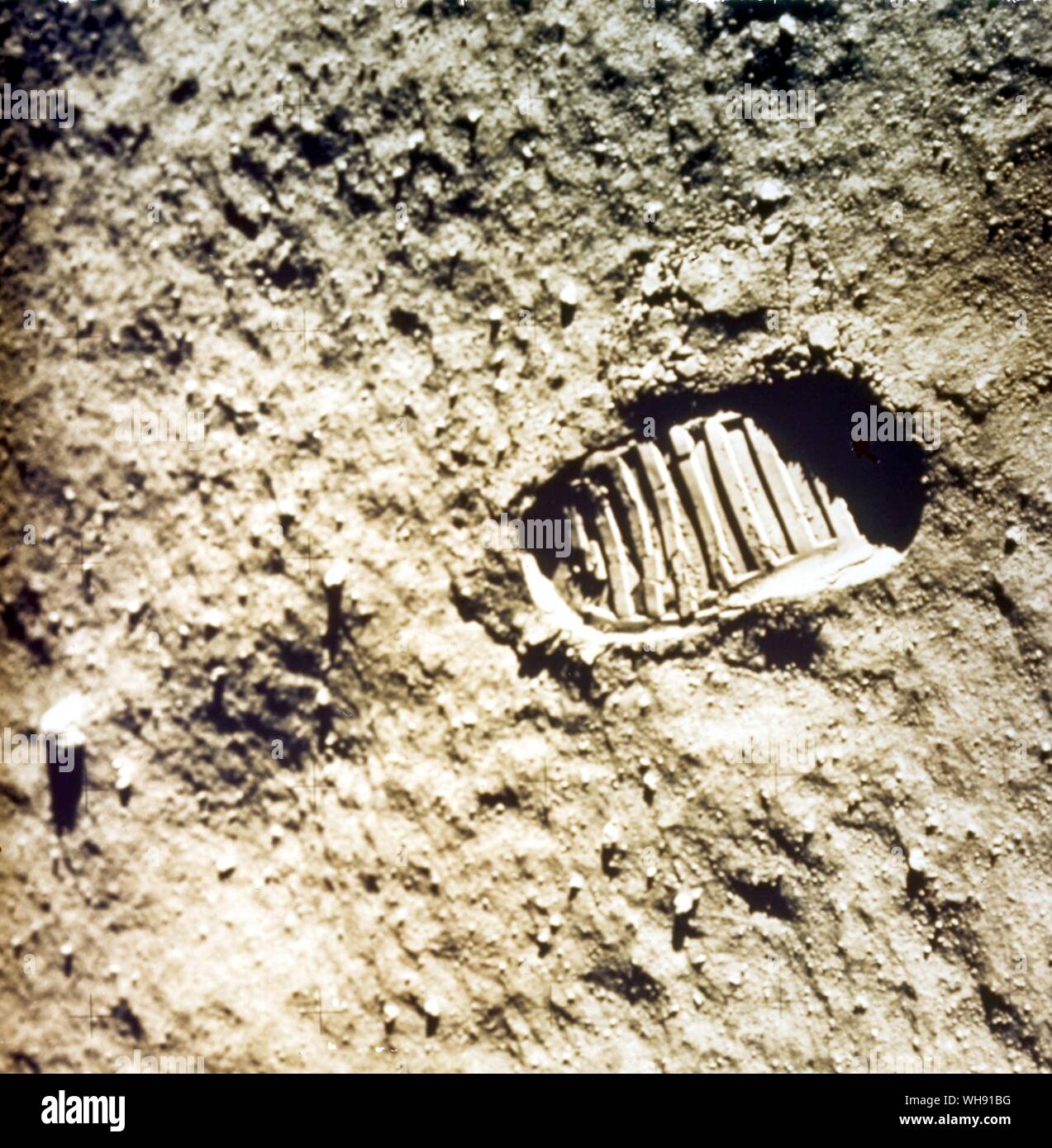 Raumfahrt - Astronaut Fußabdruck auf der Mondoberfläche, 1969. Apollo 11-Mission. Stockfoto