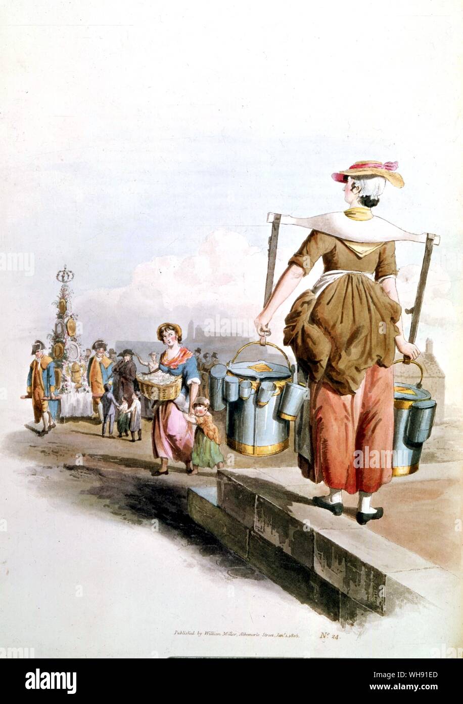 Frau (Milch oder Milchprodukte Maid) von Kostümen von Großbritannien von William Miller im Jahre 1805 veröffentlicht. Georgian London Street Zeichen. von William Pyne - Pyne, William Henry (1769-1843). Stockfoto
