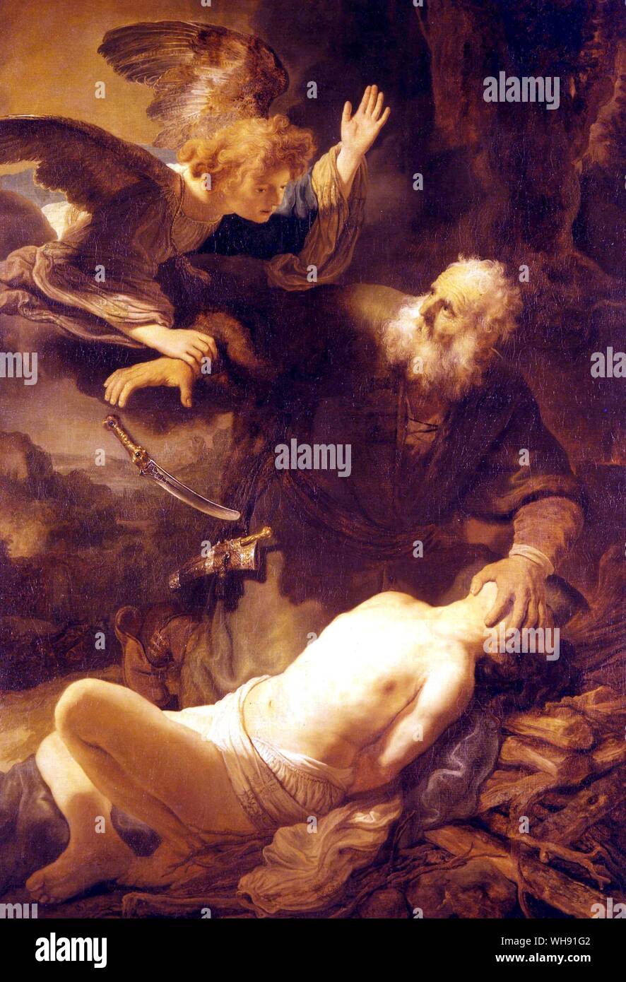 Abraham und Isaak. von Rembrandt. in Hermitage Museum, Leningrad. Rembrandt Harmenszoon van Rijn (Juli 15, 1606 - Oktober 4, 1669) gilt als einer der größten Maler der Europäischen Kunstgeschichte und der wichtigsten in der niederländischen Geschichte.. Stockfoto