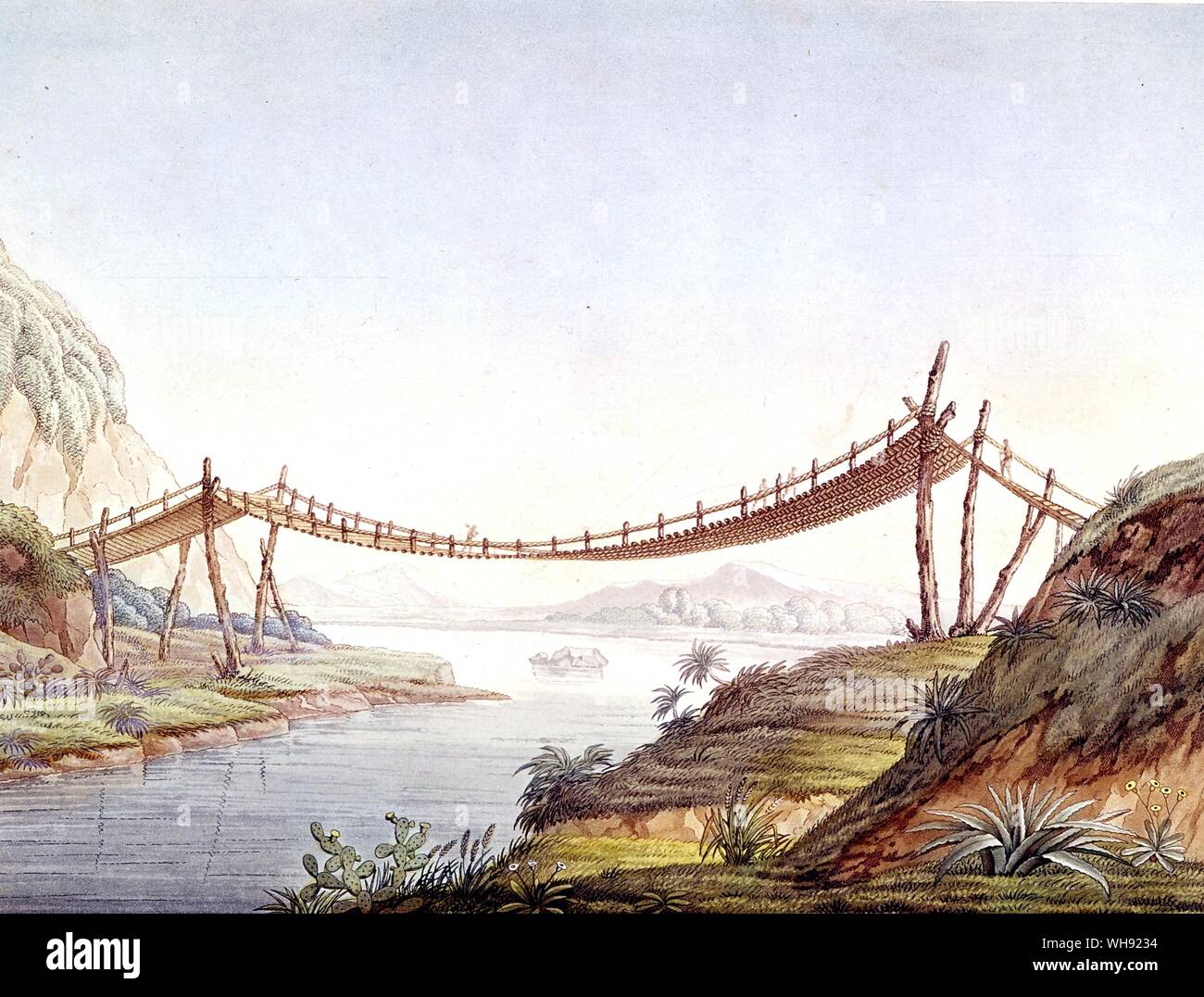 Hängebrücke über Rio Penipe Chambo in der Nähe von Peru. von Reben Cordillieres von Humbolt & Bonpland. Royal Geographic Society. . Stockfoto