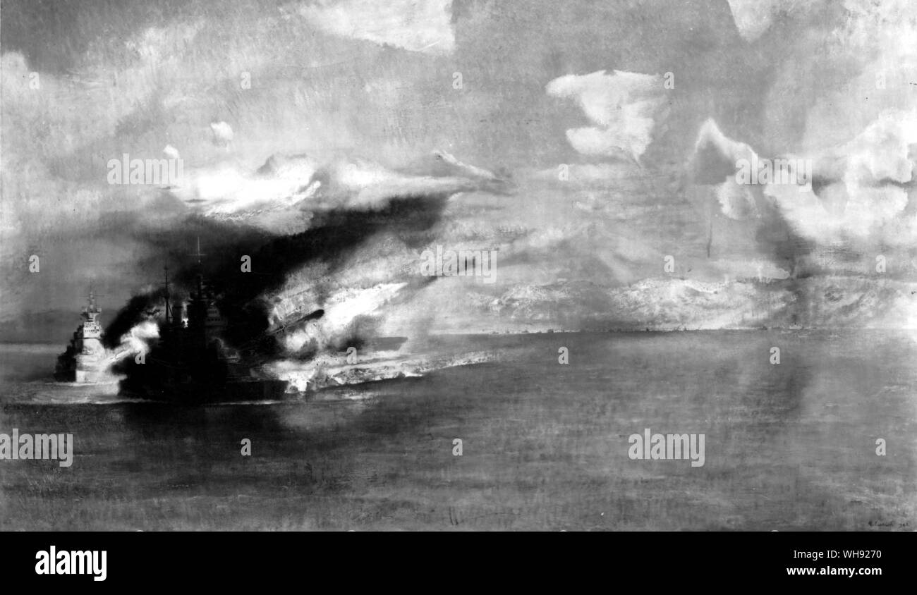 Der Beschuss von der Küste von H M Schiffe King George V und Herzog von York, 1941. (Leinwand, 76,2 x 127 cm). Stockfoto