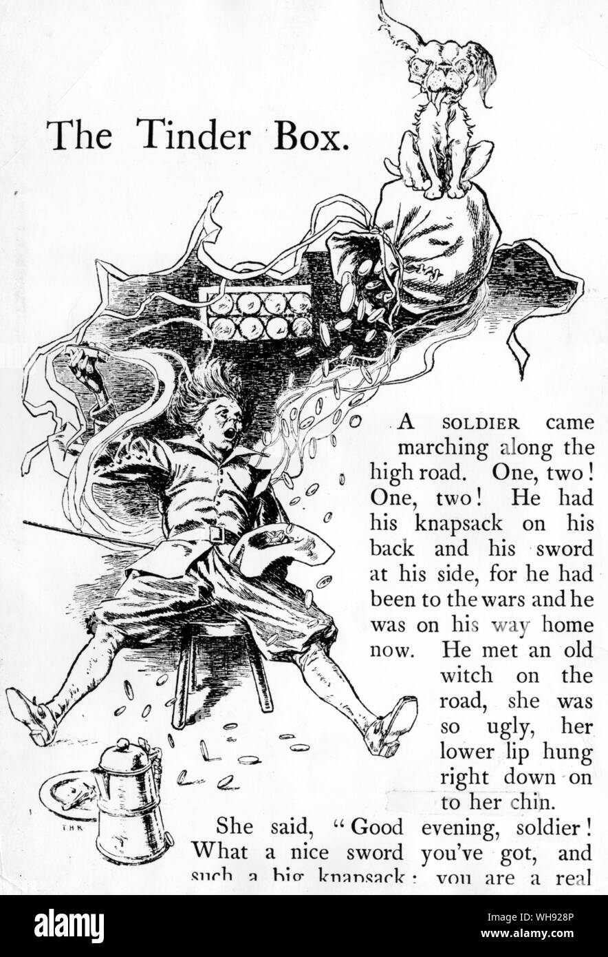 Das Pulverfass. Das Glück der Besitzenden ein Pulverfass ist fast überwältigend. Illustration von Thomas Heath Robinson aus Andersens Märchen, 1899. Stockfoto