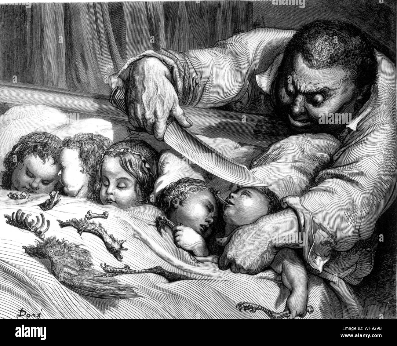 Wenig Pouchet. Der oger über die Kehlen seiner sieben Töchter zu schneiden. Die meisterhafte aber schreckliche Platte von Gustave Dore in Les Contes de Perrault, 1862, die in der englischen Ausgabe unterdrückt wurde.. Stockfoto