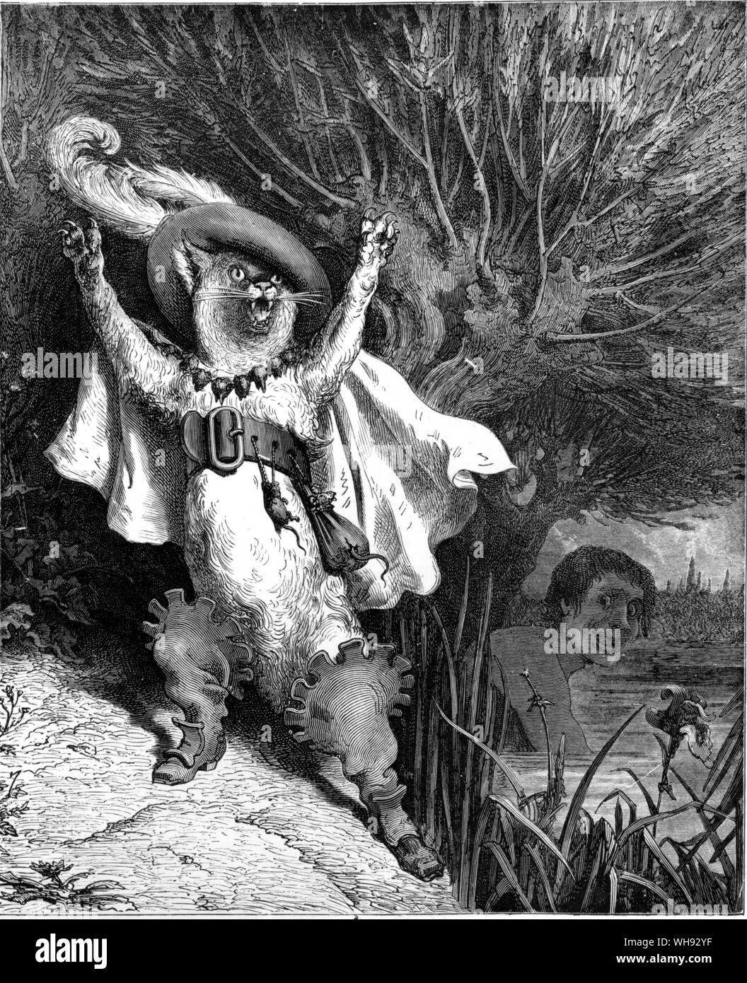 Der gestiefelte Kater. "Hilfe, Hilfe, mein Herr Marquis von carabas wird zu "ertränken." Illustration von Gustave Dore, 1872. Stockfoto