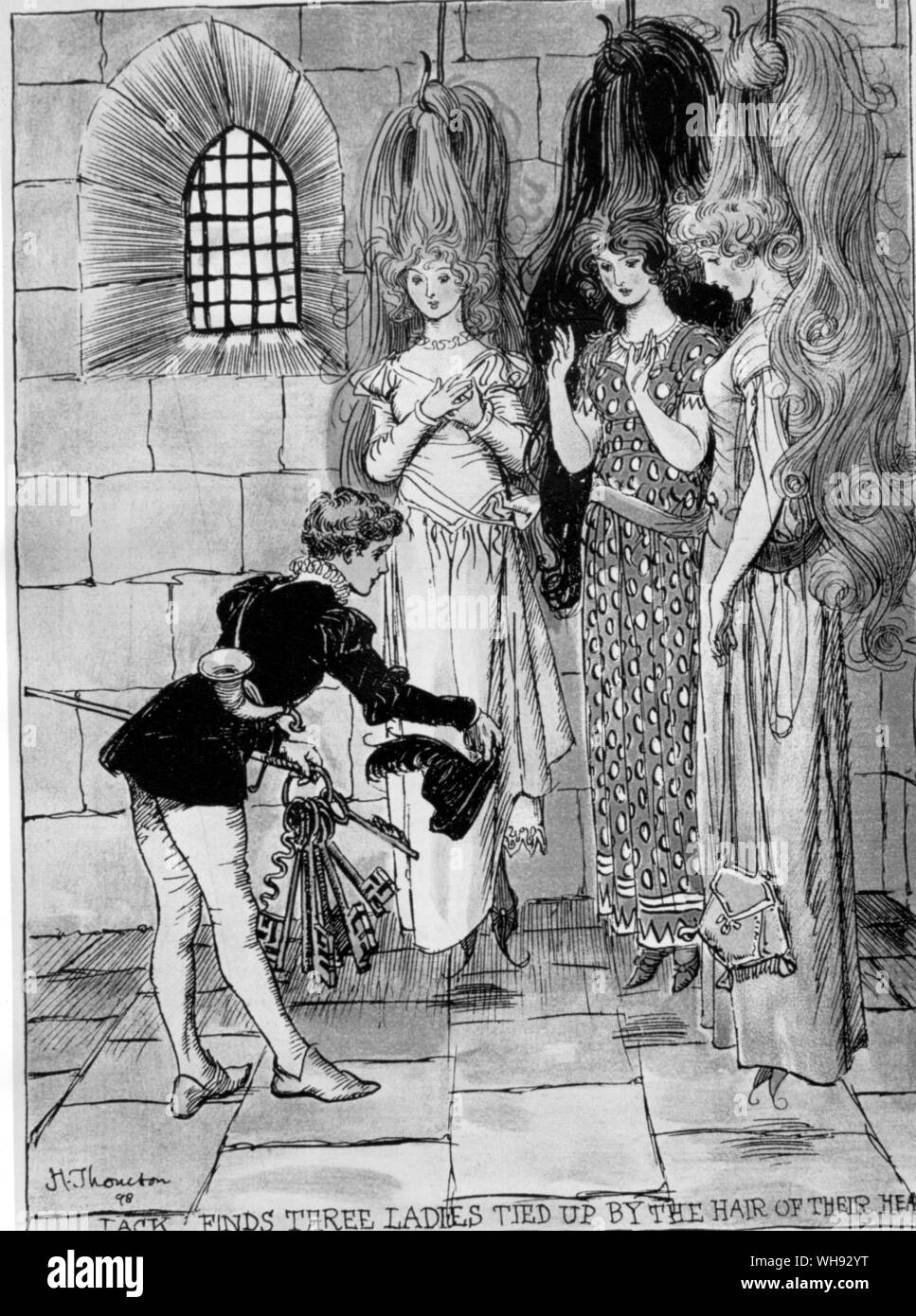 Jack the Giant Killer findet die drei Damen gefesselt durch ihr Haar. Von Hugh Thomson, 1898.. Stockfoto