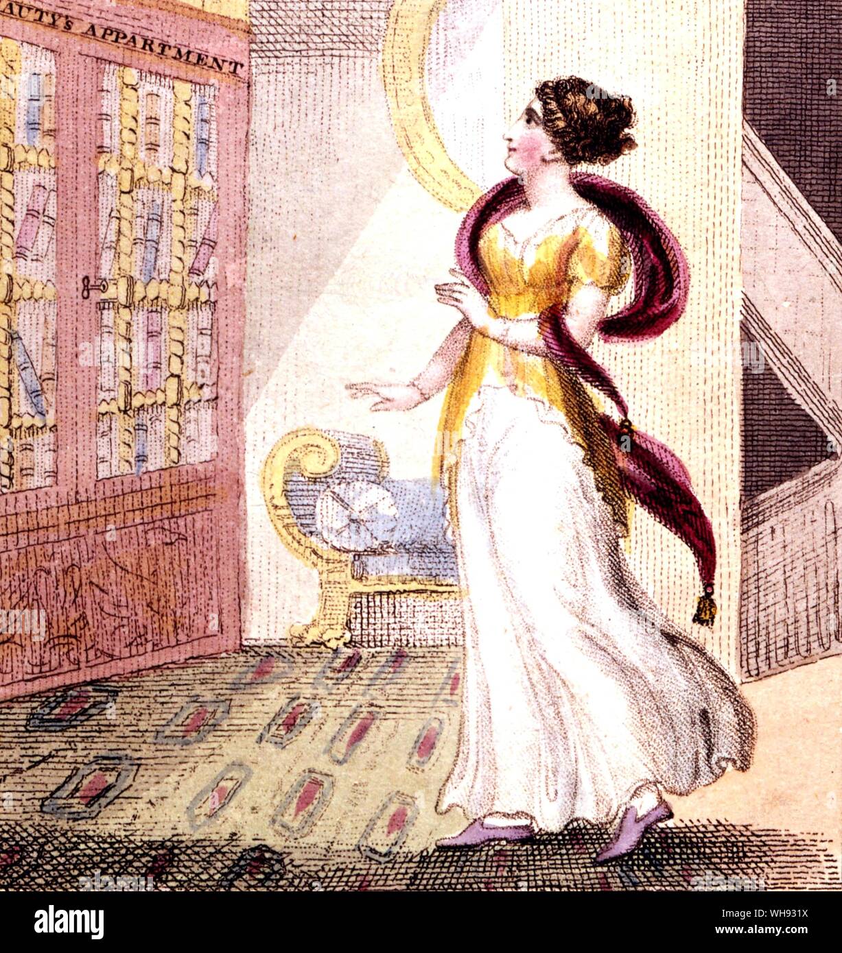Die Schöne und das Biest. Hand - kupferstiche aus der Ausgabe 1813 der Schöne und das Biest gefärbt.. Stockfoto