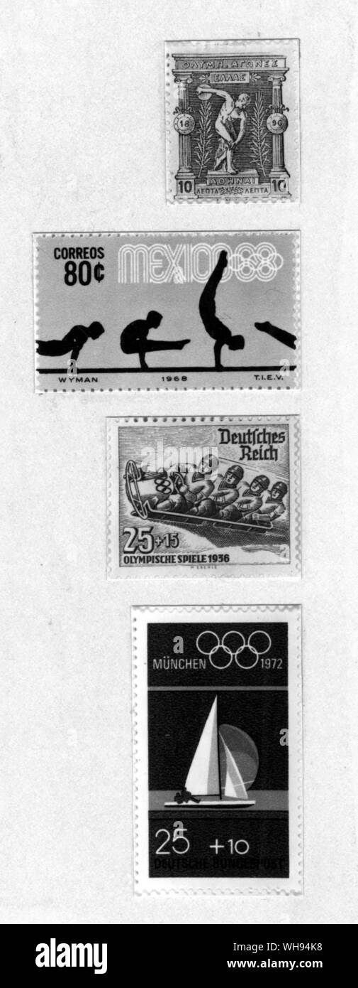 Olympischen Briefmarken: oben-unten: Griechenland 1896, Deutschland 1936, Mexiko 1968, Bundesrepublik Deutschland, 1972. Stockfoto