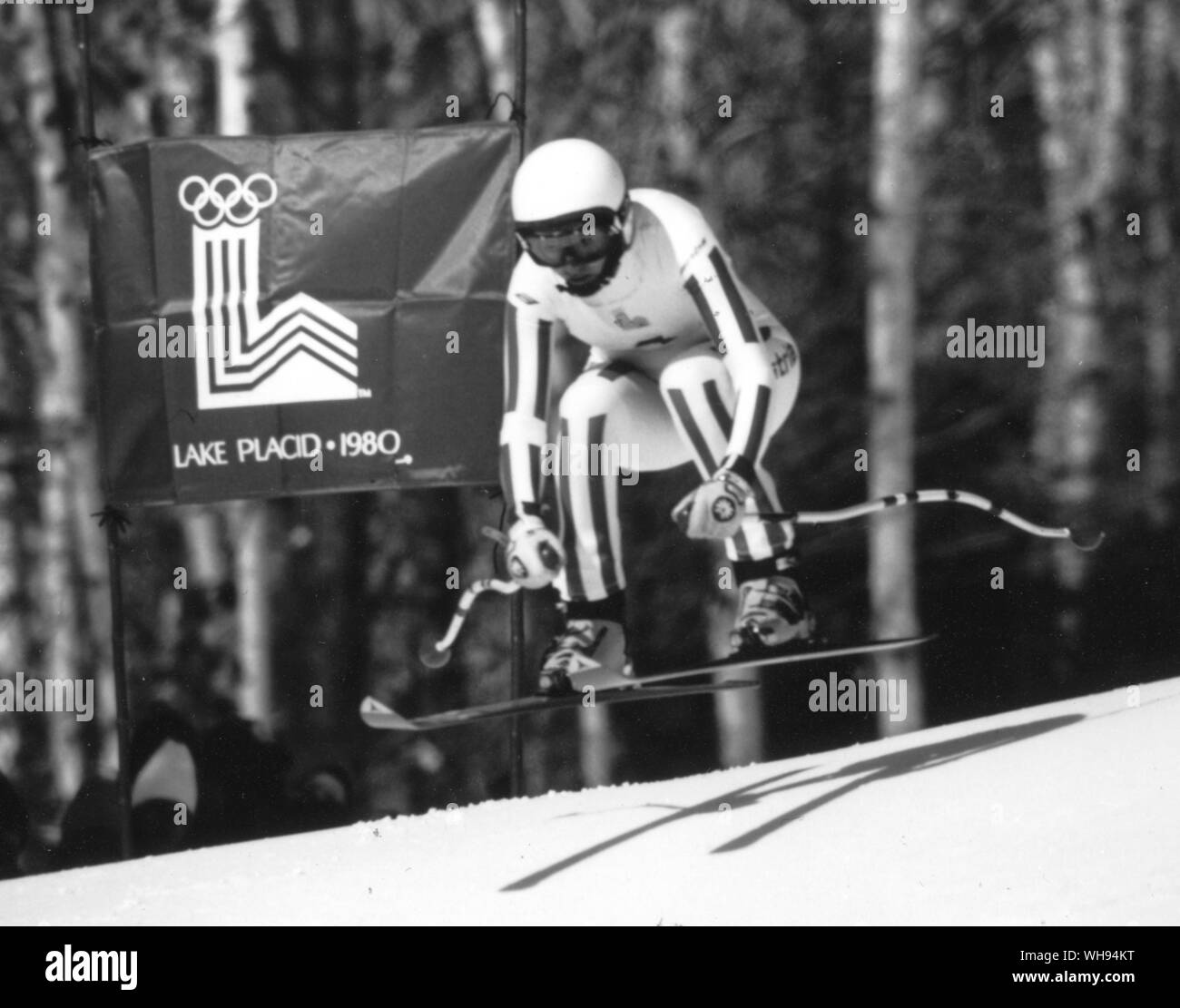 1980 Winter Olympics - Lake Placid, USA. Annemarie Moser-Proll (Österreich) dargestellt in der Frauen, das Alpine Skifahren Veranstaltung auf ihre Weise die Goldmedaille zu gewinnen. 17. Februar 1980. Stockfoto