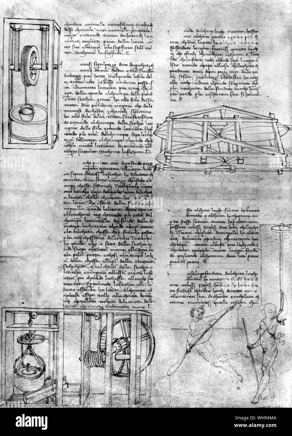 Unten rechts: Francesco di Giorgio's Versionen eines Tauchanzug. Zeichnungen von Atemschutzgeräte für Taucher sind durch Leonardo's Notebooks verstreut. Stockfoto