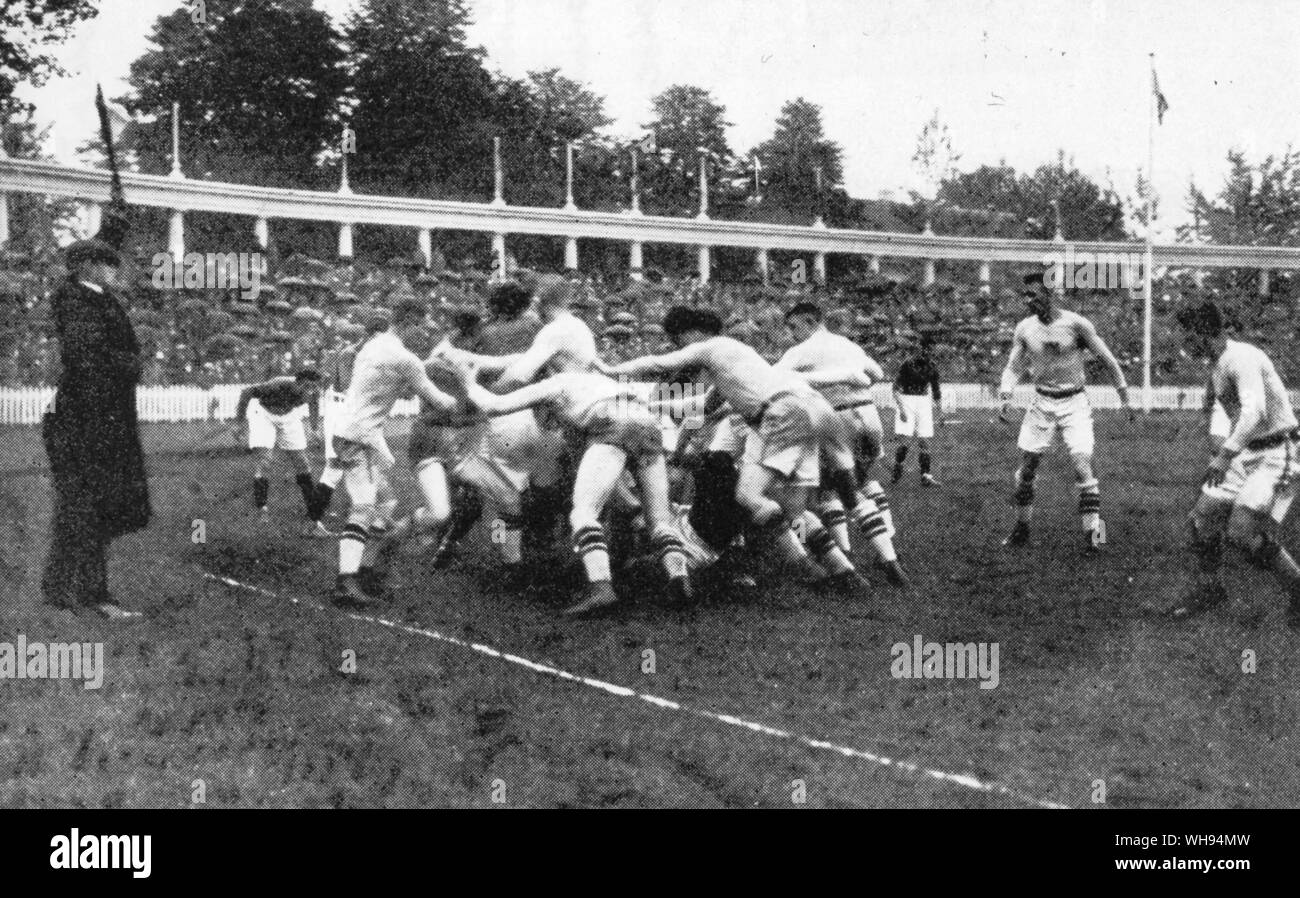 Teil der kurze Beitrag Rugby Union Football für die Spiele United States beat Frankreich 8-0 bei den Olympischen Spielen 1920 in Antwerpen Stockfoto