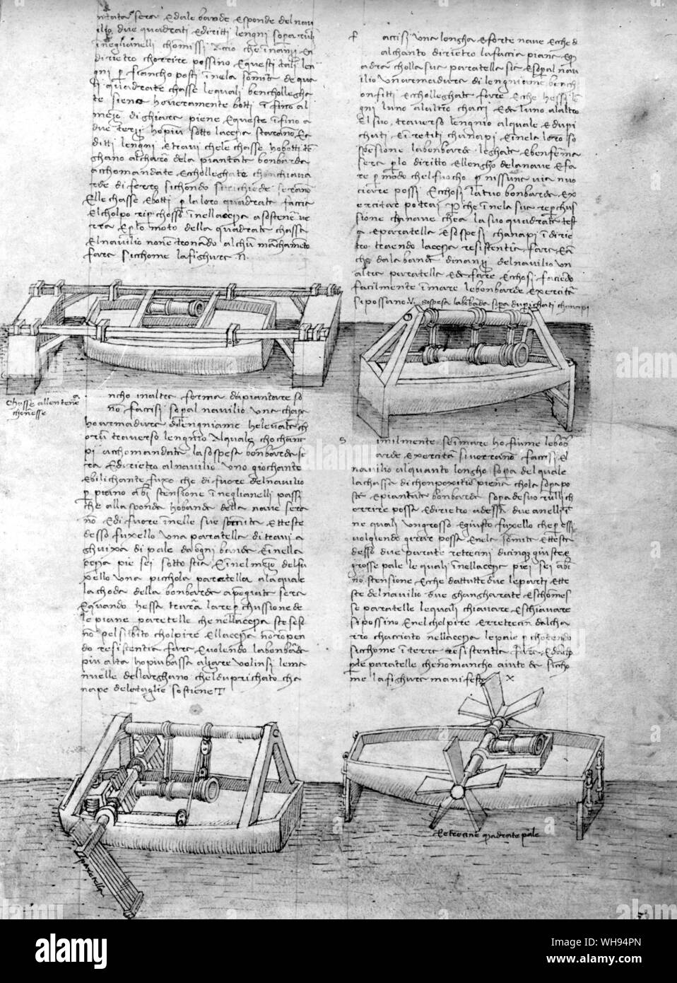 Francesco di Giorgio verwendet Paddelwelle für eine militärische Gerät. Stockfoto