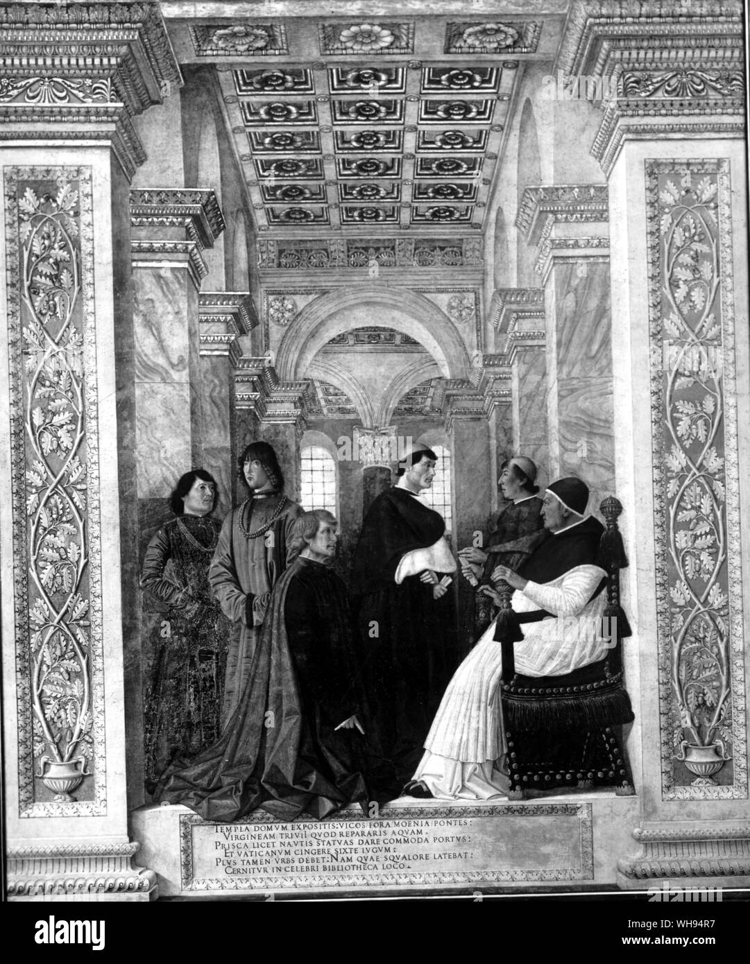 Mit Papst Sixtus IV. sind einige seiner Riario Neffen. Sie schmiedeten gegen die Medici, und Giuliano (in Botticellis Porträt gezeigt) ermordet wurde. Stockfoto